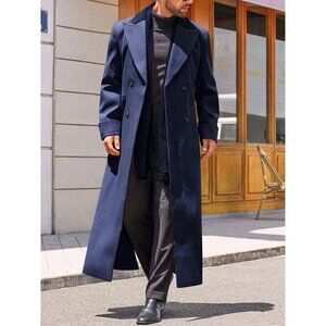 Mens Blue Trench Coat Notched Lapel Long Jacket  Winter Overcoat